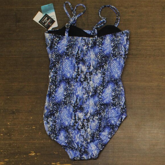 Swim Solutions Womens Shirred Snakeskin-Print One Piece Swimsuit Jungle Blue 8 - Picture 2 of 7